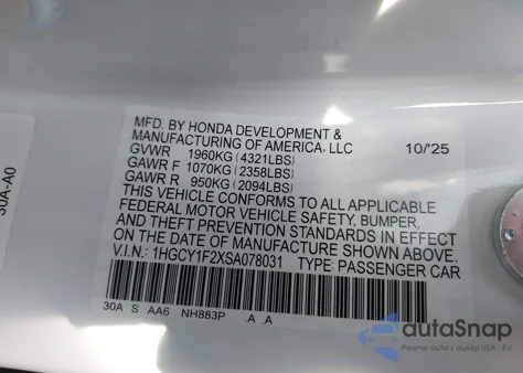 2025 Honda Accord Lx from USA, damaged, VIN 1HGCY1F2XSA078031